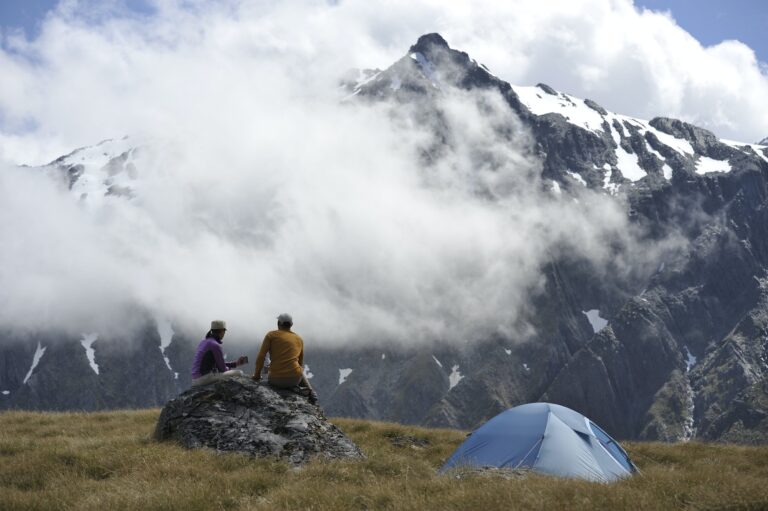 Couple camping in mountains